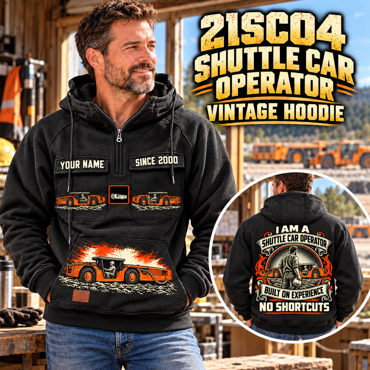 Personalized 21SC04 Low-Seam Shuttle Car Operator Vintage Hoodie in Black, front and back artwork with YOUR NAME and SINCE 2000 sample text.