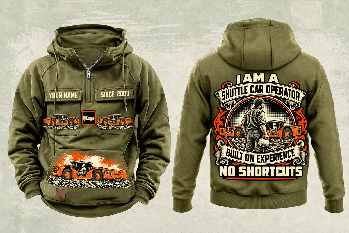 Personalized 21SC04 Low-Seam Shuttle Car Operator Vintage Hoodie in military-green, front and back artwork with YOUR NAME and SINCE 2000 sample text.