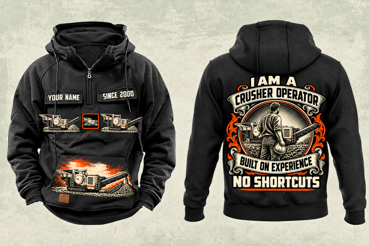 Personalized Lokotrack LT106 Jaw Crusher Operator Vintage Hoodie in black, front and back artwork with YOUR NAME and SINCE 2000 sample text.