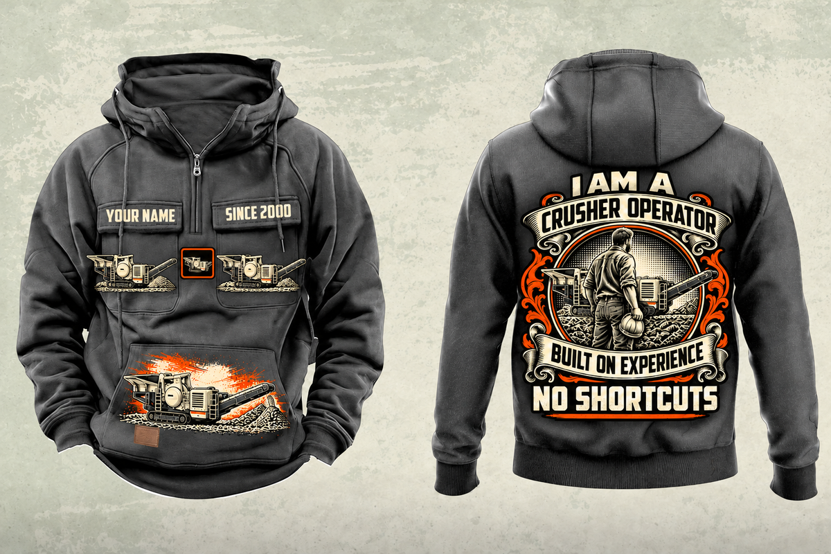 Personalized Lokotrack LT106 Jaw Crusher Operator Vintage Hoodie in dark-gray, front and back artwork with YOUR NAME and SINCE 2000 sample text.