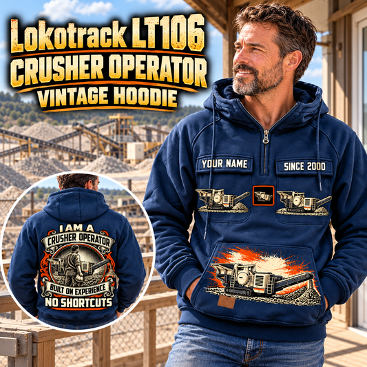 Personalized Lokotrack LT106 Jaw Crusher Operator Vintage Hoodie in Dark Blue, front and back artwork with YOUR NAME and SINCE 2000 sample text.