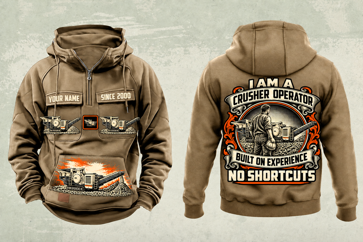 Personalized Lokotrack LT106 Jaw Crusher Operator Vintage Hoodie in kaki, front and back artwork with YOUR NAME and SINCE 2000 sample text.