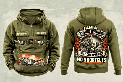 Personalized Lokotrack LT106 Jaw Crusher Operator Vintage Hoodie in military-green, front and back artwork with YOUR NAME and SINCE 2000 sample text.