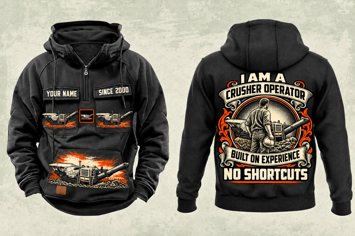 Personalized Lokotrack LT1213 Impact Crusher Operator Vintage Hoodie in black, front and back artwork with YOUR NAME and SINCE 2000 sample text.
