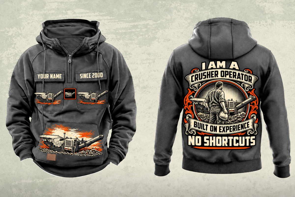 Personalized Lokotrack LT1213 Impact Crusher Operator Vintage Hoodie in dark-gray, front and back artwork with YOUR NAME and SINCE 2000 sample text.