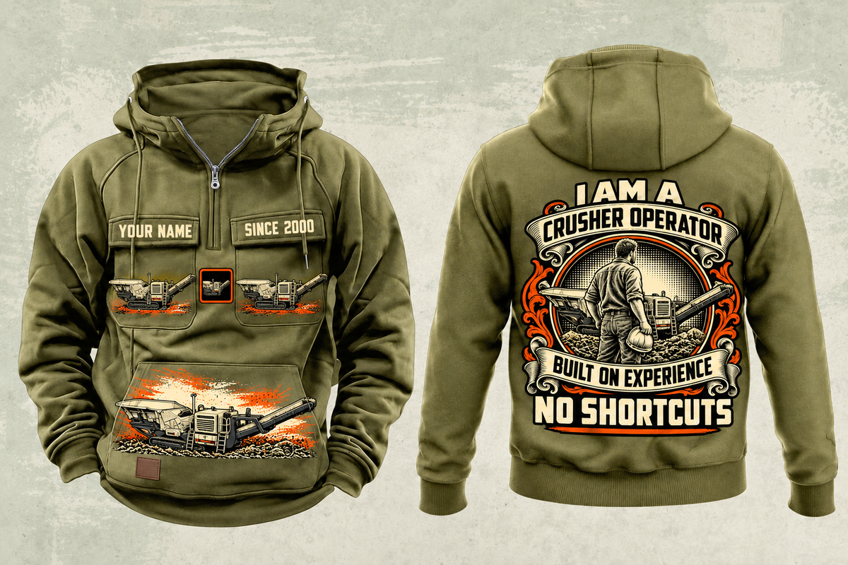 Personalized Lokotrack LT1213 Impact Crusher Operator Vintage Hoodie in military-green, front and back artwork with YOUR NAME and SINCE 2000 sample text.