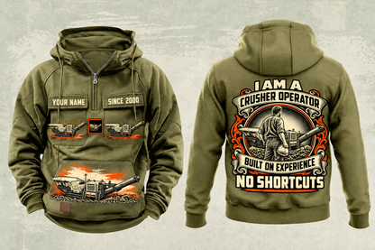 Personalized Lokotrack LT1213 Impact Crusher Operator Vintage Hoodie in military-green, front and back artwork with YOUR NAME and SINCE 2000 sample text.