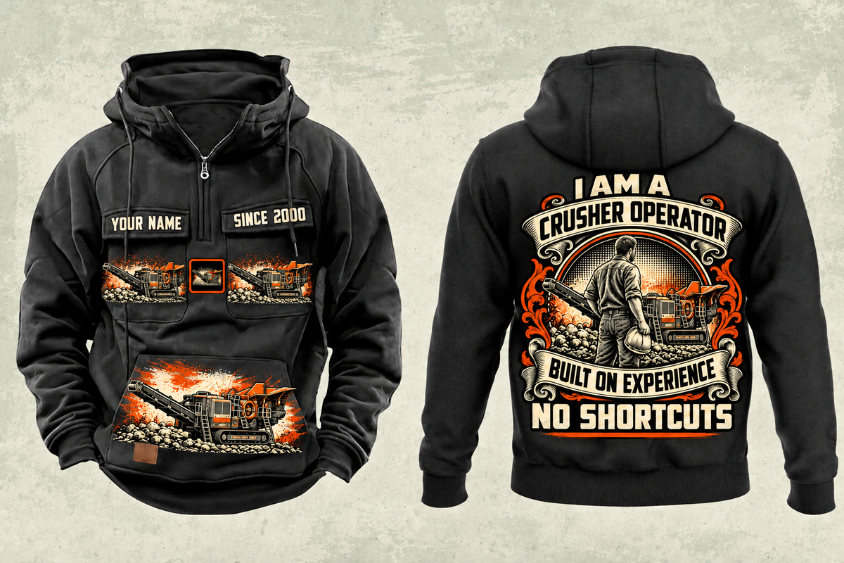 Personalized Premiertrak 400X Jaw Crusher Operator Vintage Hoodie in black, front and back artwork with YOUR NAME and SINCE 2000 sample text.