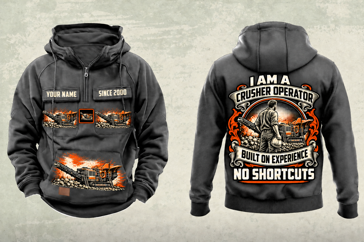 Personalized Premiertrak 400X Jaw Crusher Operator Vintage Hoodie in dark-gray, front and back artwork with YOUR NAME and SINCE 2000 sample text.