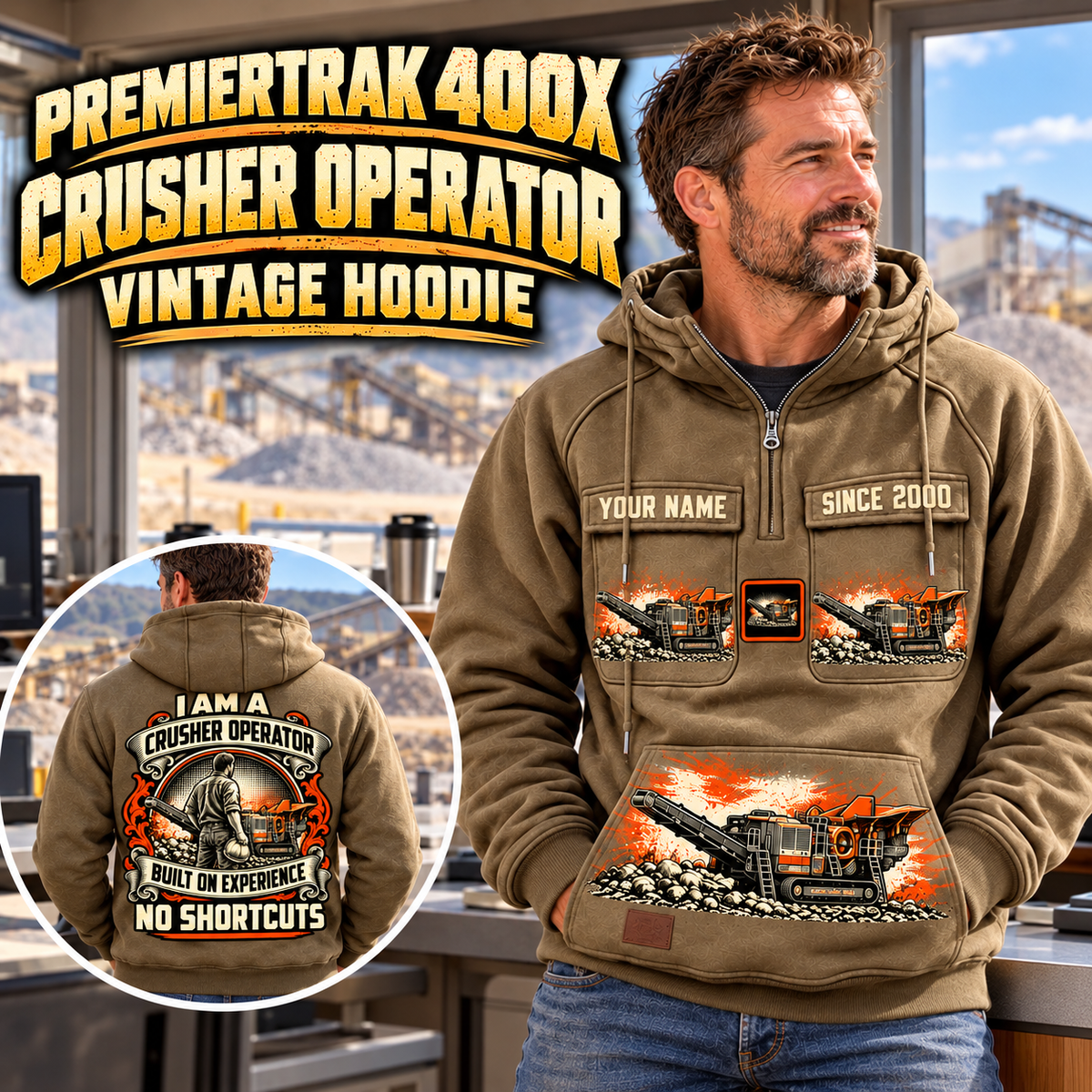Personalized Premiertrak 400X Jaw Crusher Operator Vintage Hoodie in Kaki, front and back artwork with YOUR NAME and SINCE 2000 sample text.