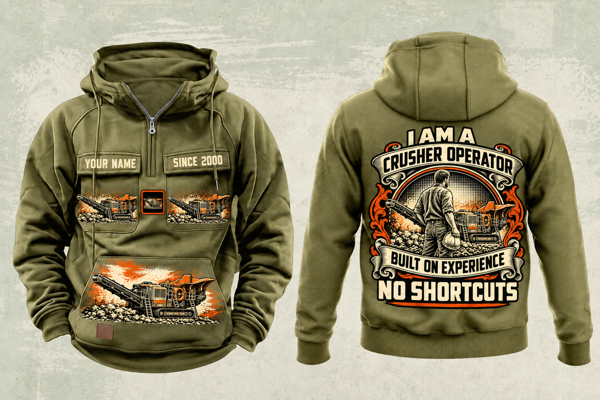 Personalized Premiertrak 400X Jaw Crusher Operator Vintage Hoodie in military-green, front and back artwork with YOUR NAME and SINCE 2000 sample text.