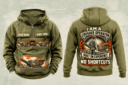 Personalized Premiertrak 400X Jaw Crusher Operator Vintage Hoodie in military-green, front and back artwork with YOUR NAME and SINCE 2000 sample text.