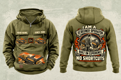 Personalized Warrior 1800 Screener Operator Vintage Hoodie in military-green, front and back artwork with YOUR NAME and SINCE 2000 sample text.