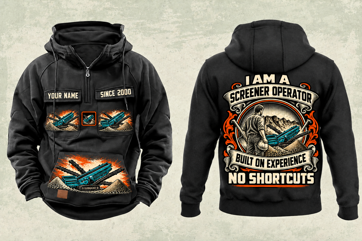 Personalized Chieftain 2100X 3-Deck Screener Operator Vintage Hoodie in black, front and back artwork with YOUR NAME and SINCE 2000 sample text.