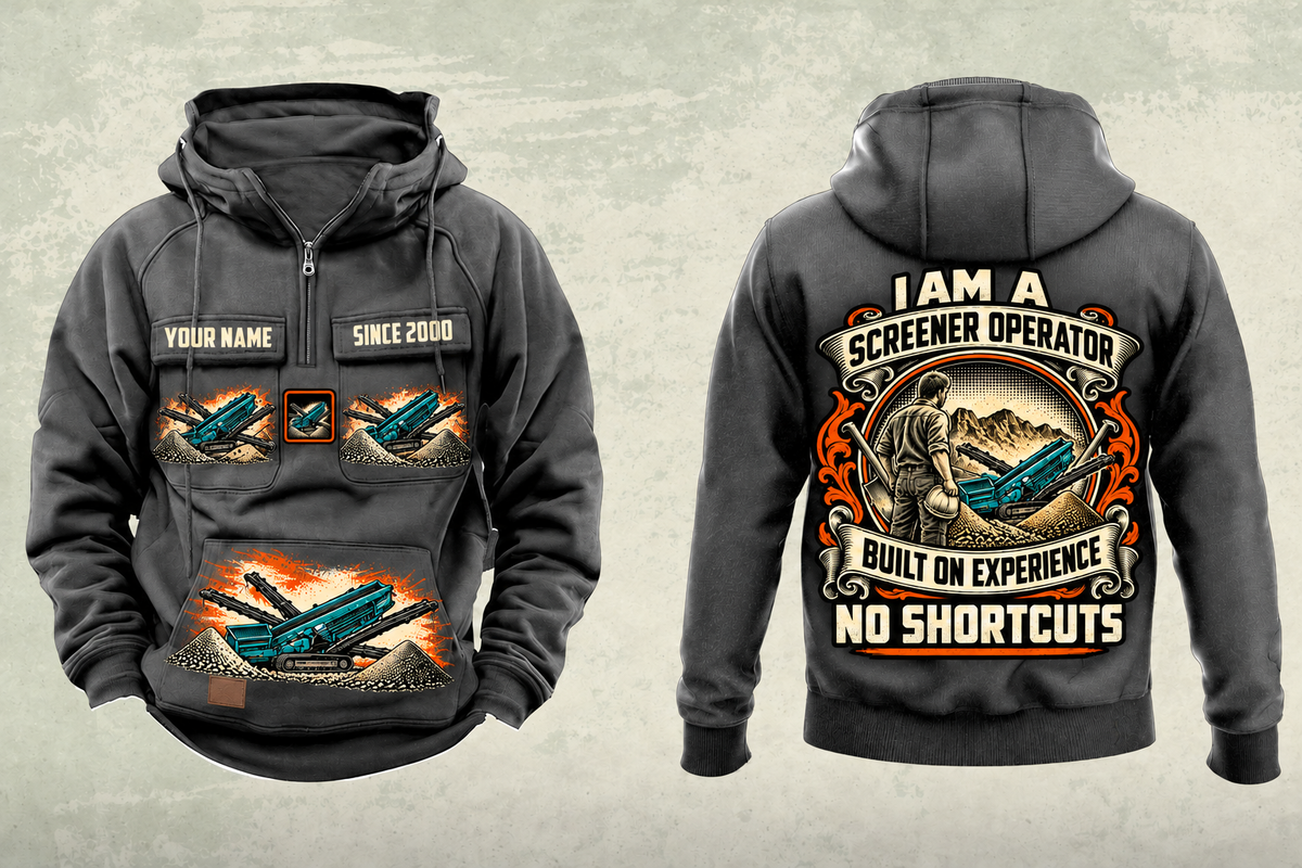 Personalized Chieftain 2100X 3-Deck Screener Operator Vintage Hoodie in dark-gray, front and back artwork with YOUR NAME and SINCE 2000 sample text.