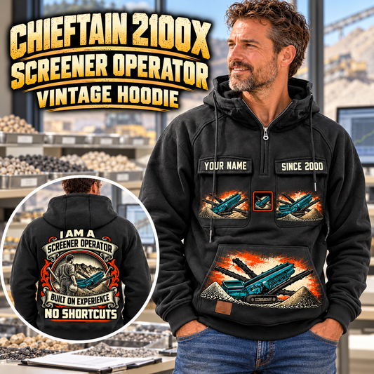 Personalized Chieftain 2100X 3-Deck Screener Operator Vintage Hoodie in Black, front and back artwork with YOUR NAME and SINCE 2000 sample text.