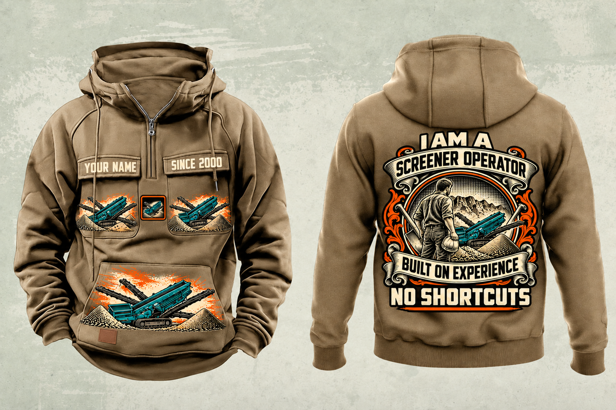 Personalized Chieftain 2100X 3-Deck Screener Operator Vintage Hoodie in kaki, front and back artwork with YOUR NAME and SINCE 2000 sample text.