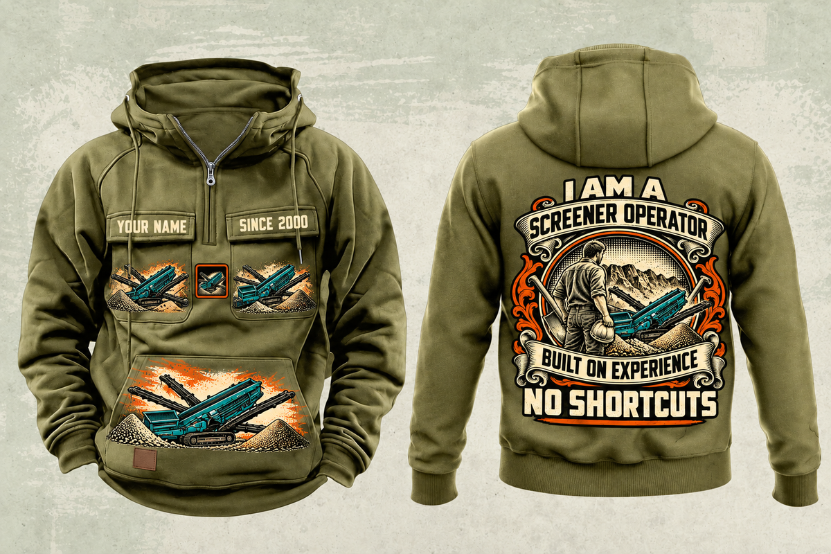 Personalized Chieftain 2100X 3-Deck Screener Operator Vintage Hoodie in military-green, front and back artwork with YOUR NAME and SINCE 2000 sample text.
