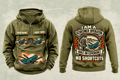 Personalized Chieftain 2100X 3-Deck Screener Operator Vintage Hoodie in military-green, front and back artwork with YOUR NAME and SINCE 2000 sample text.