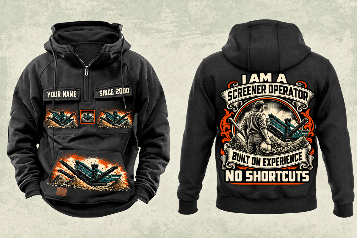 Personalized Chieftain 1700X 3-Deck Screener Operator Vintage Hoodie in black, front and back artwork with YOUR NAME and SINCE 2000 sample text.