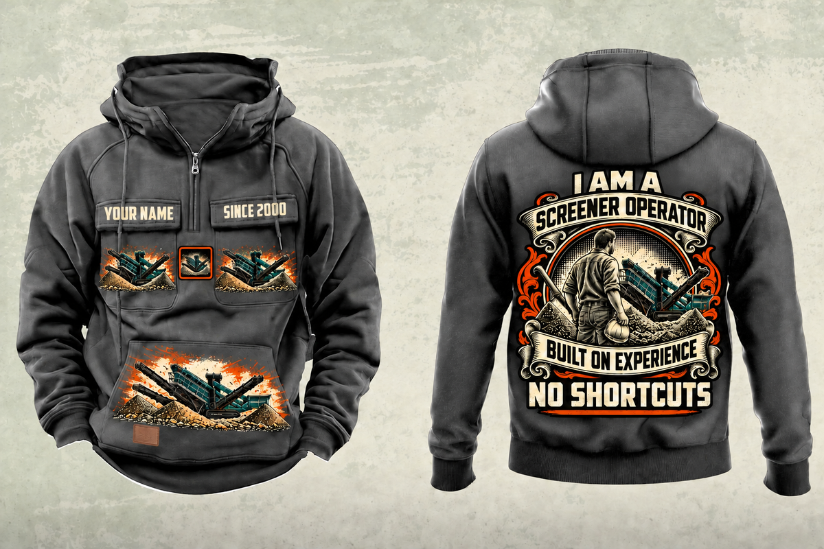 Personalized Chieftain 1700X 3-Deck Screener Operator Vintage Hoodie in dark-gray, front and back artwork with YOUR NAME and SINCE 2000 sample text.