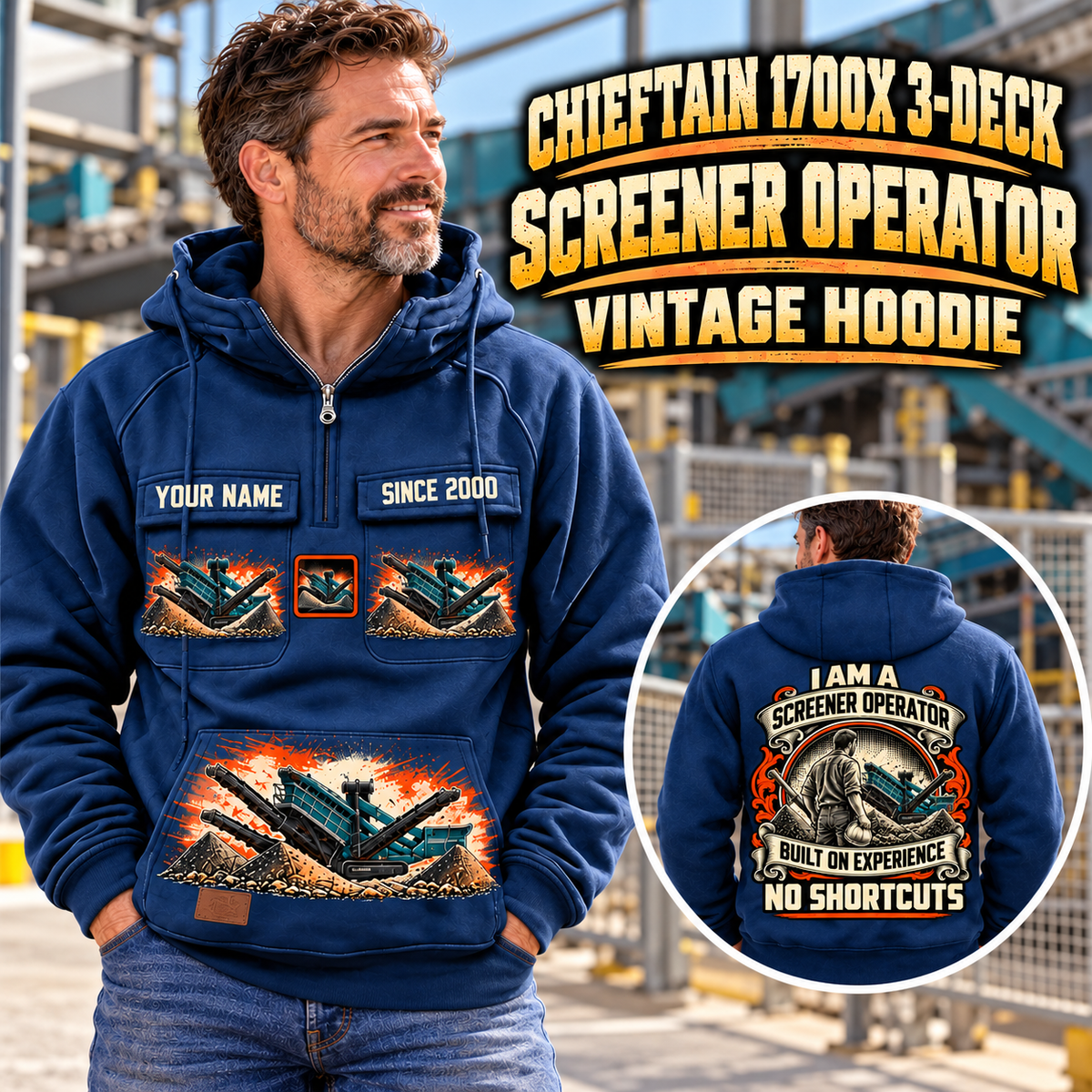 Personalized Chieftain 1700X 3-Deck Screener Operator Vintage Hoodie in Dark Blue, front and back artwork with YOUR NAME and SINCE 2000 sample text.