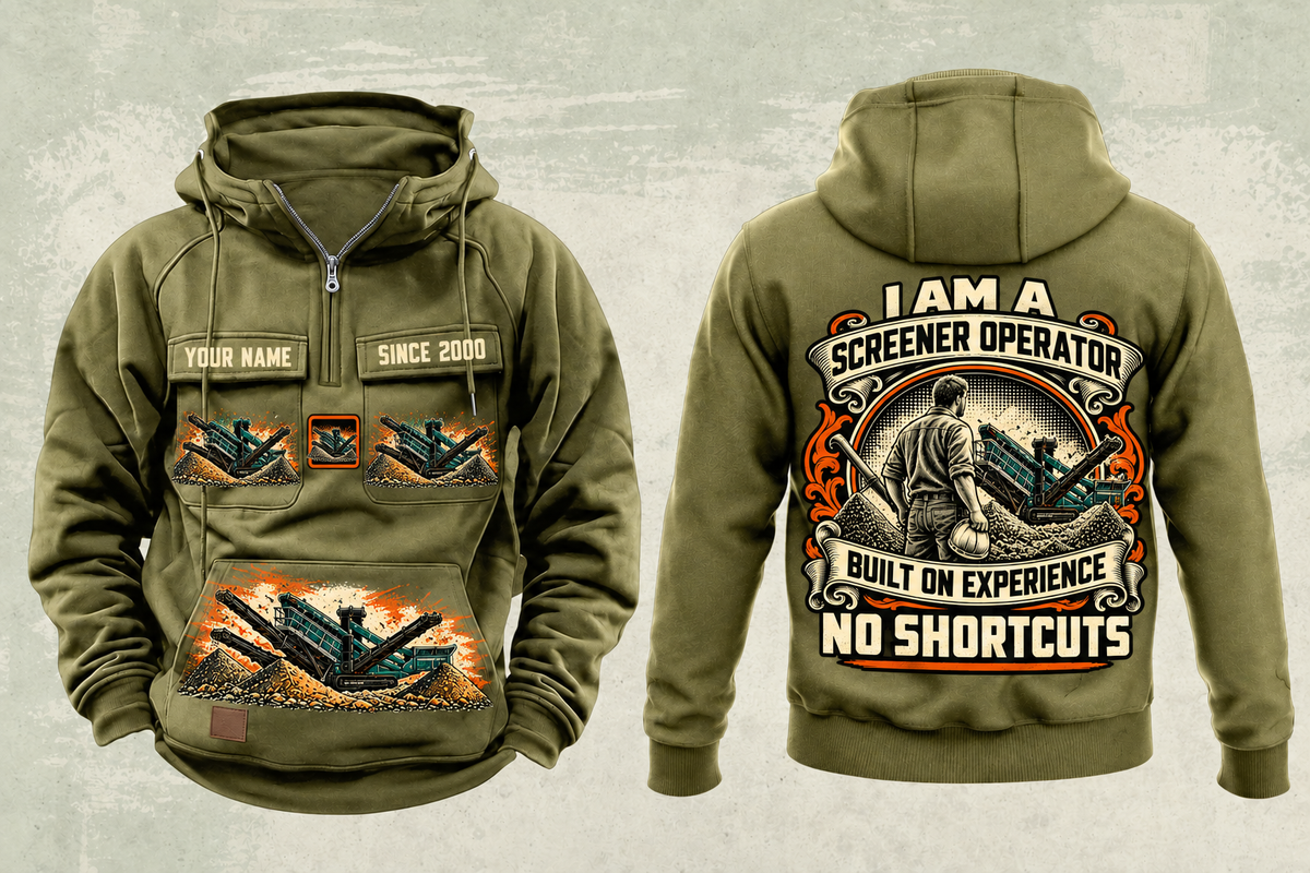 Personalized Chieftain 1700X 3-Deck Screener Operator Vintage Hoodie in military-green, front and back artwork with YOUR NAME and SINCE 2000 sample text.