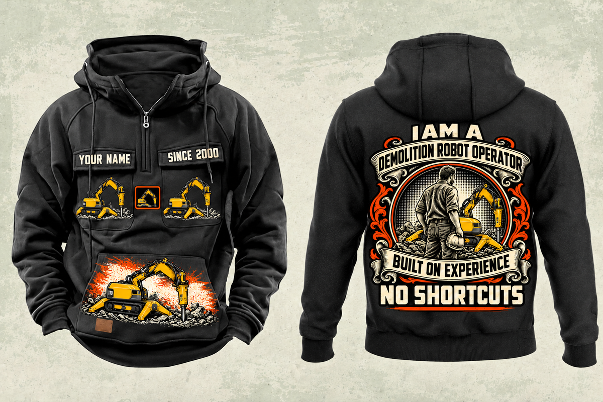 Personalized Brokk 170 Demolition Robot Operator Vintage Hoodie in black, front and back artwork with YOUR NAME and SINCE 2000 sample text.