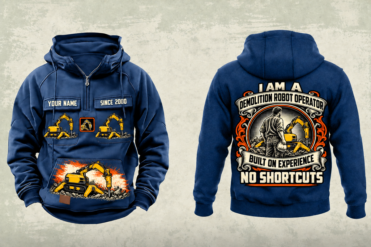 Personalized Brokk 170 Demolition Robot Operator Vintage Hoodie in dark-blue, front and back artwork with YOUR NAME and SINCE 2000 sample text.