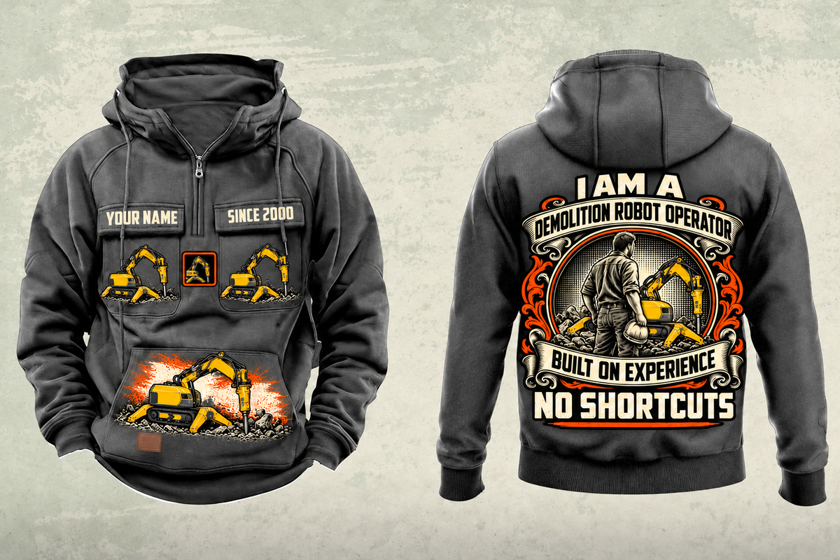 Personalized Brokk 170 Demolition Robot Operator Vintage Hoodie in dark-gray, front and back artwork with YOUR NAME and SINCE 2000 sample text.