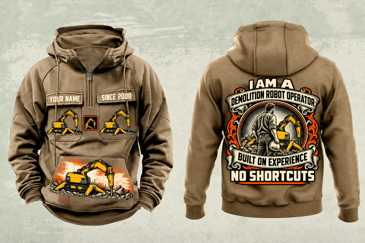 Personalized Brokk 170 Demolition Robot Operator Vintage Hoodie in kaki, front and back artwork with YOUR NAME and SINCE 2000 sample text.