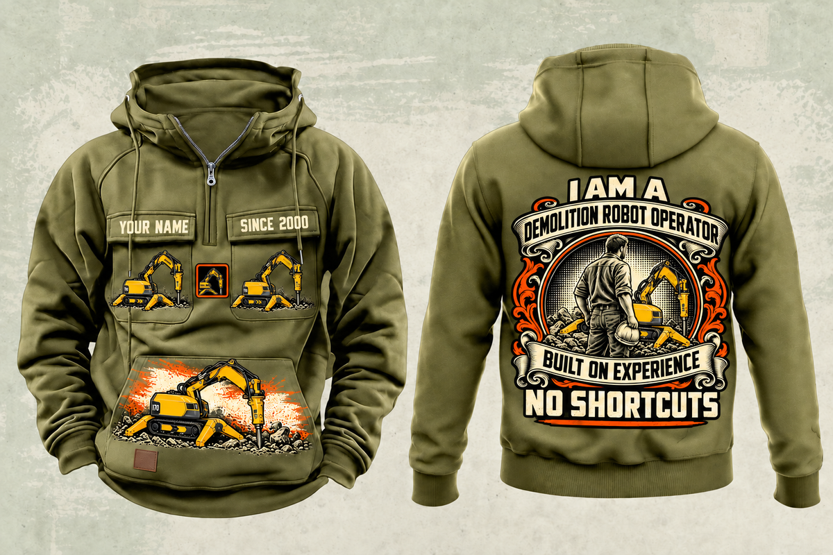 Personalized Brokk 170 Demolition Robot Operator Vintage Hoodie in military-green, front and back artwork with YOUR NAME and SINCE 2000 sample text.