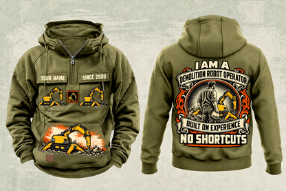 Personalized Brokk 170 Demolition Robot Operator Vintage Hoodie in military-green, front and back artwork with YOUR NAME and SINCE 2000 sample text.