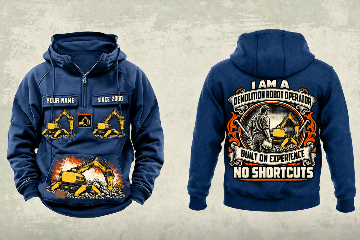 Personalized Brokk 200 Demolition Robot Operator Vintage Hoodie in dark-blue, front and back artwork with YOUR NAME and SINCE 2000 sample text.