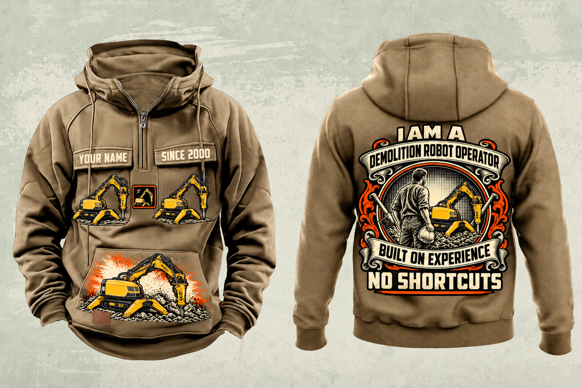 Personalized Brokk 200 Demolition Robot Operator Vintage Hoodie in kaki, front and back artwork with YOUR NAME and SINCE 2000 sample text.