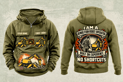 Personalized Brokk 200 Demolition Robot Operator Vintage Hoodie in military-green, front and back artwork with YOUR NAME and SINCE 2000 sample text.