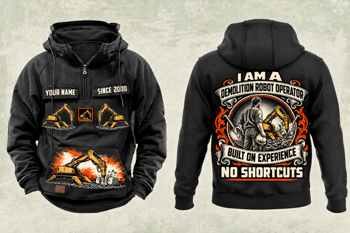 Personalized Brokk 300 Demolition Robot Operator Vintage Hoodie in black, front and back artwork with YOUR NAME and SINCE 2000 sample text.