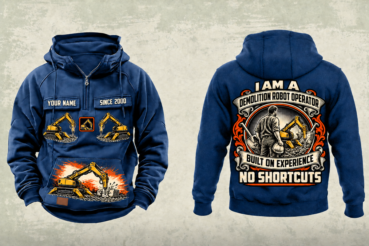 Personalized Brokk 300 Demolition Robot Operator Vintage Hoodie in dark-blue, front and back artwork with YOUR NAME and SINCE 2000 sample text.