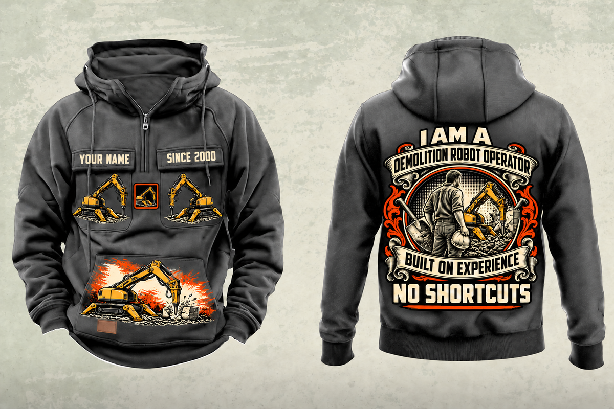Personalized Brokk 300 Demolition Robot Operator Vintage Hoodie in dark-gray, front and back artwork with YOUR NAME and SINCE 2000 sample text.