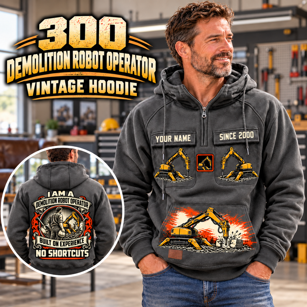 Personalized Brokk 300 Demolition Robot Operator Vintage Hoodie in Dark Gray, front and back artwork with YOUR NAME and SINCE 2000 sample text.