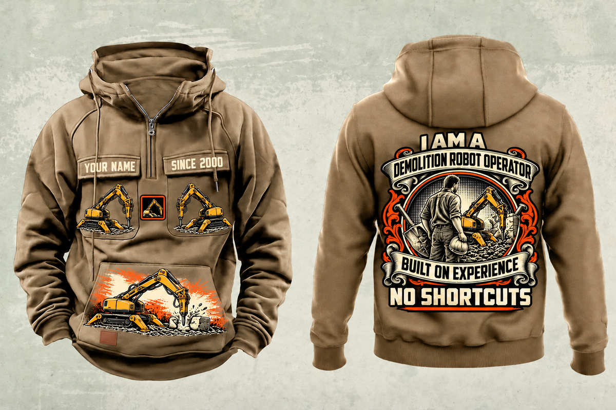 Personalized Brokk 300 Demolition Robot Operator Vintage Hoodie in kaki, front and back artwork with YOUR NAME and SINCE 2000 sample text.
