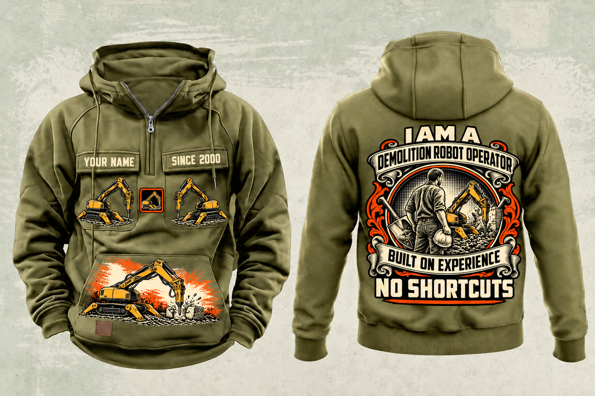 Personalized Brokk 300 Demolition Robot Operator Vintage Hoodie in military-green, front and back artwork with YOUR NAME and SINCE 2000 sample text.