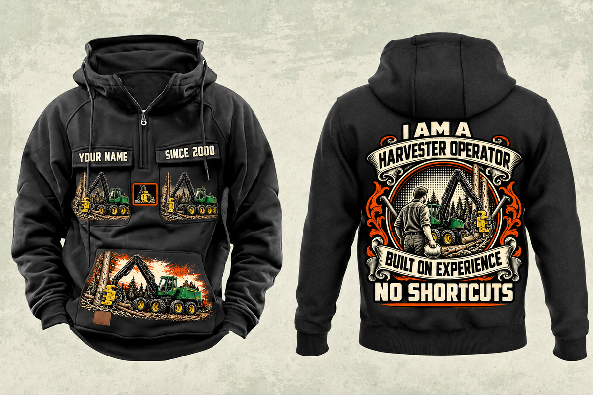Personalized John Deere 1270G 8W Harvester Operator Vintage Hoodie in black, front and back artwork with YOUR NAME and SINCE 2000 sample text.
