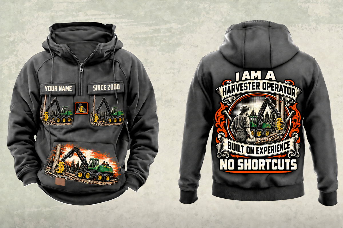 Personalized John Deere 1270G 8W Harvester Operator Vintage Hoodie in dark-gray, front and back artwork with YOUR NAME and SINCE 2000 sample text.