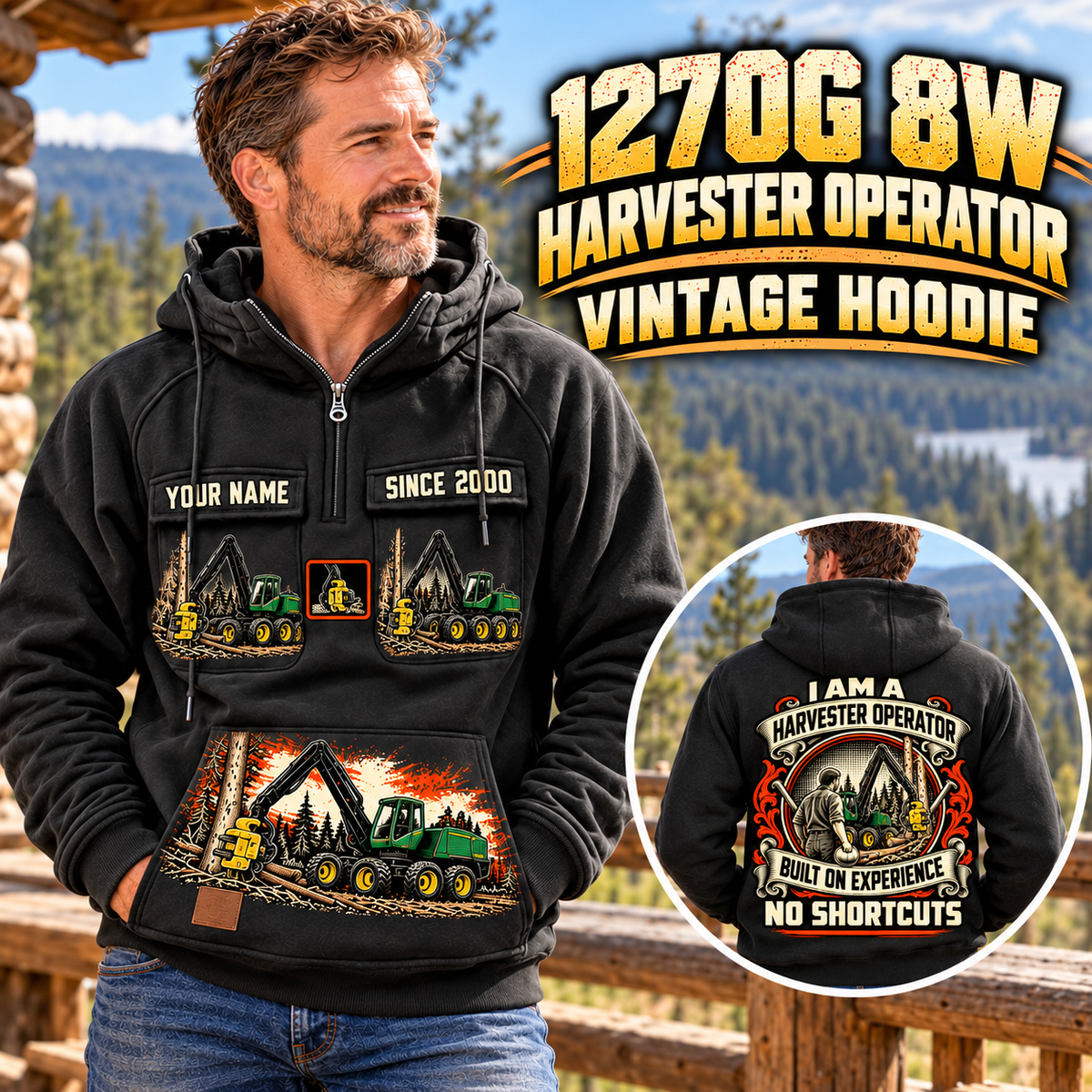 Personalized John Deere 1270G 8W Harvester Operator Vintage Hoodie in Black, front and back artwork with YOUR NAME and SINCE 2000 sample text.