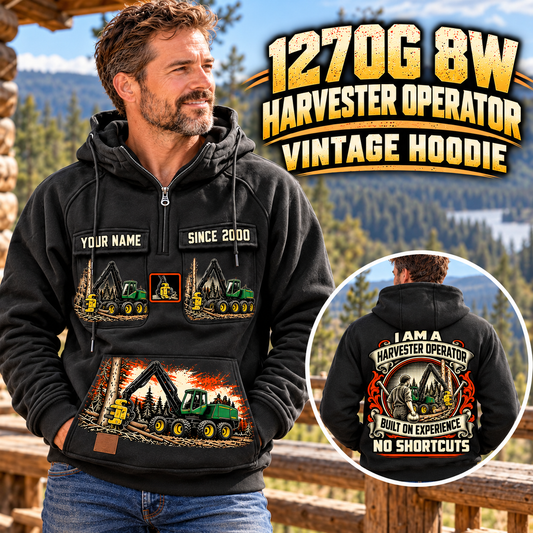 Personalized John Deere 1270G 8W Harvester Operator Vintage Hoodie in Black, front and back artwork with YOUR NAME and SINCE 2000 sample text.