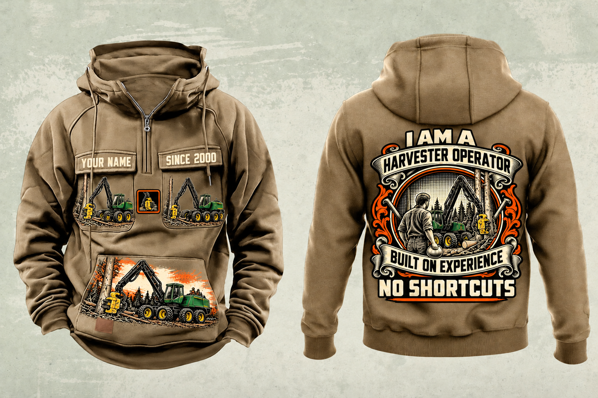 Personalized John Deere 1270G 8W Harvester Operator Vintage Hoodie in kaki, front and back artwork with YOUR NAME and SINCE 2000 sample text.