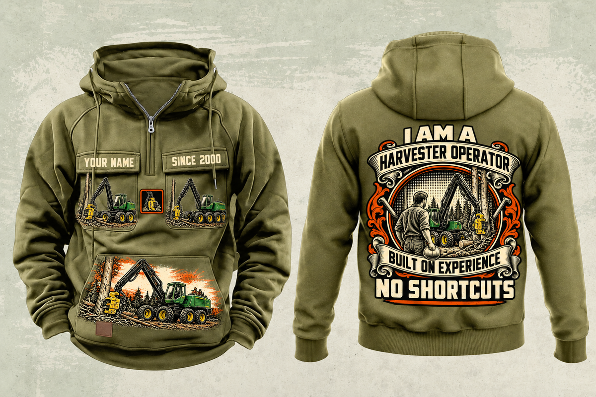 Personalized John Deere 1270G 8W Harvester Operator Vintage Hoodie in military-green, front and back artwork with YOUR NAME and SINCE 2000 sample text.