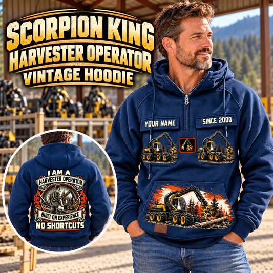 Personalized Ponsse Scorpion King Harvester Operator Vintage Hoodie in Dark Blue, front and back artwork with YOUR NAME and SINCE 2000 sample text.