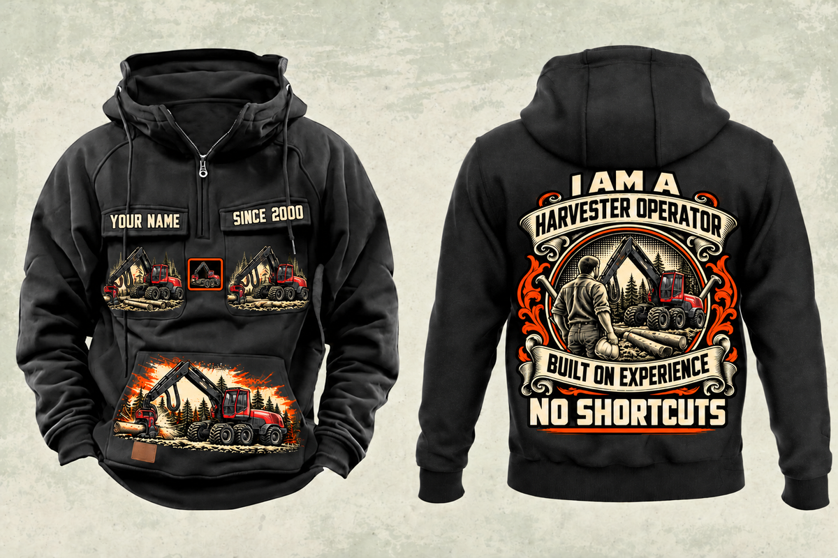 Personalized Komatsu 931 Harvester Operator Vintage Hoodie in black, front and back artwork with YOUR NAME and SINCE 2000 sample text.